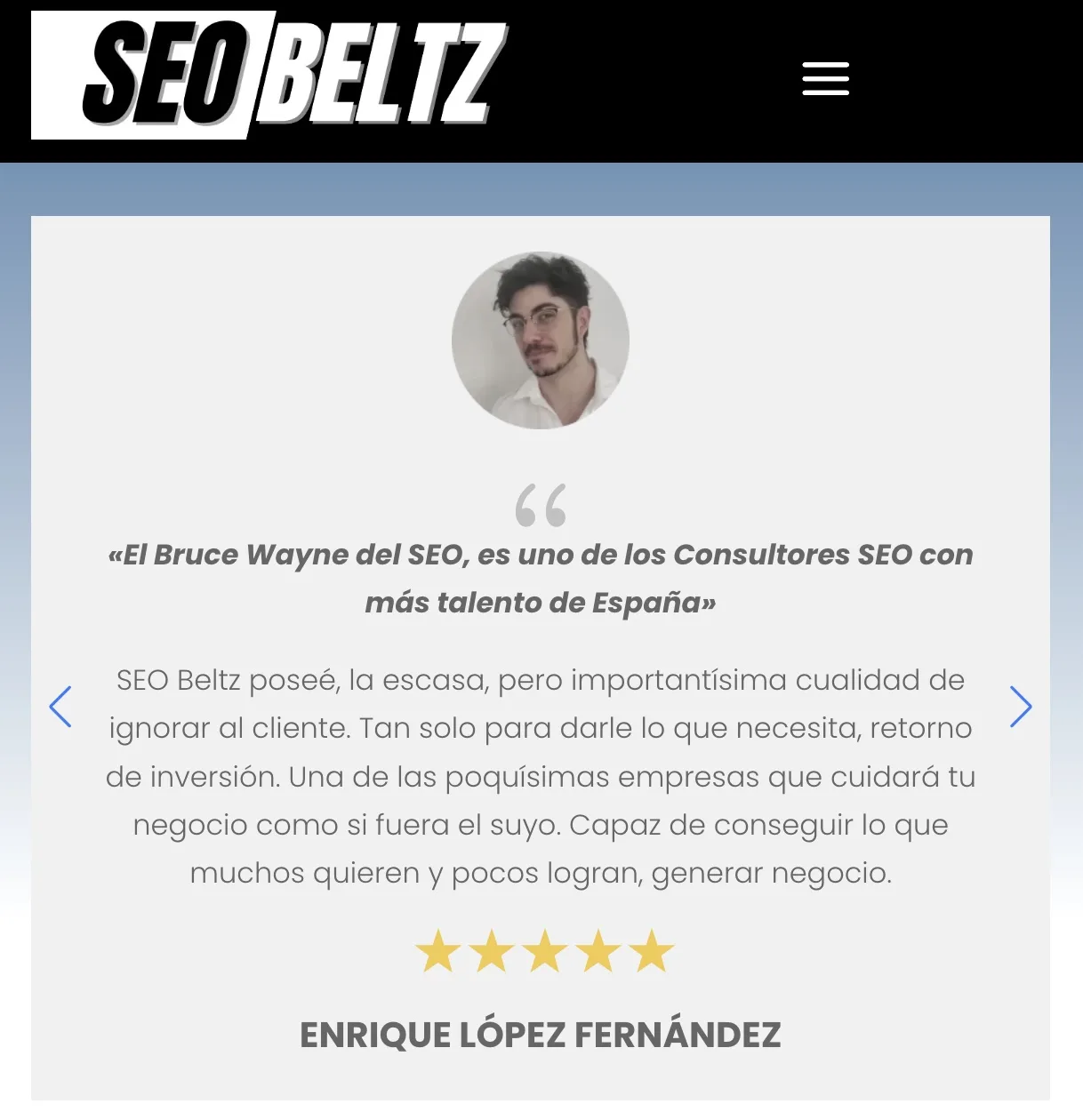 Testimonio escrito por Enrique López Fernández sobre SEO Beltz en la web de SEOBeltz, con cinco estrellas