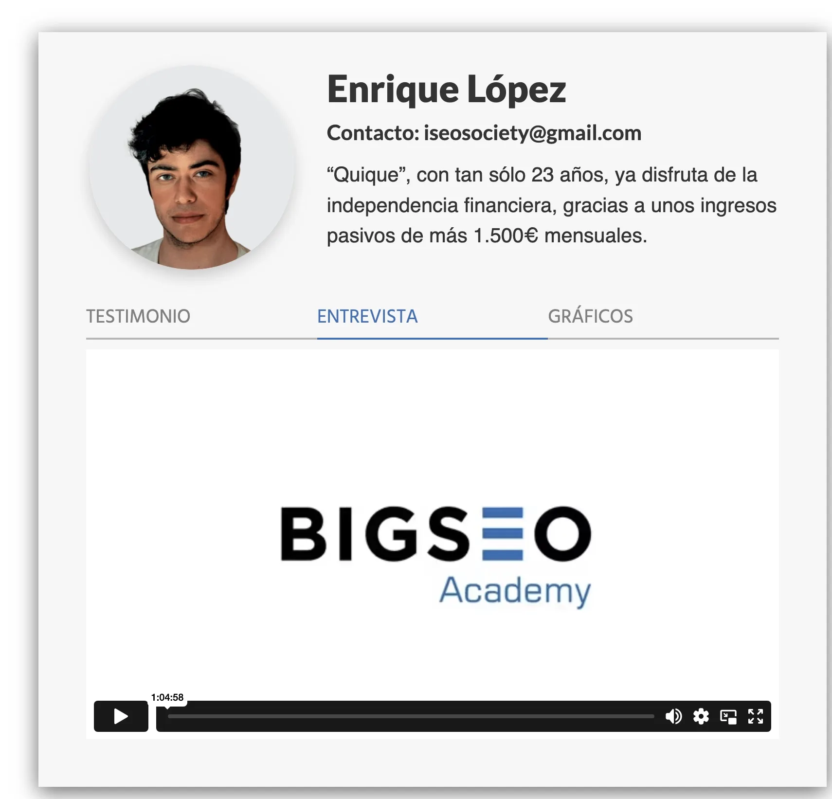 Captura del testimonio de Enrique López en la Armada Digital de BIGSEO Academy